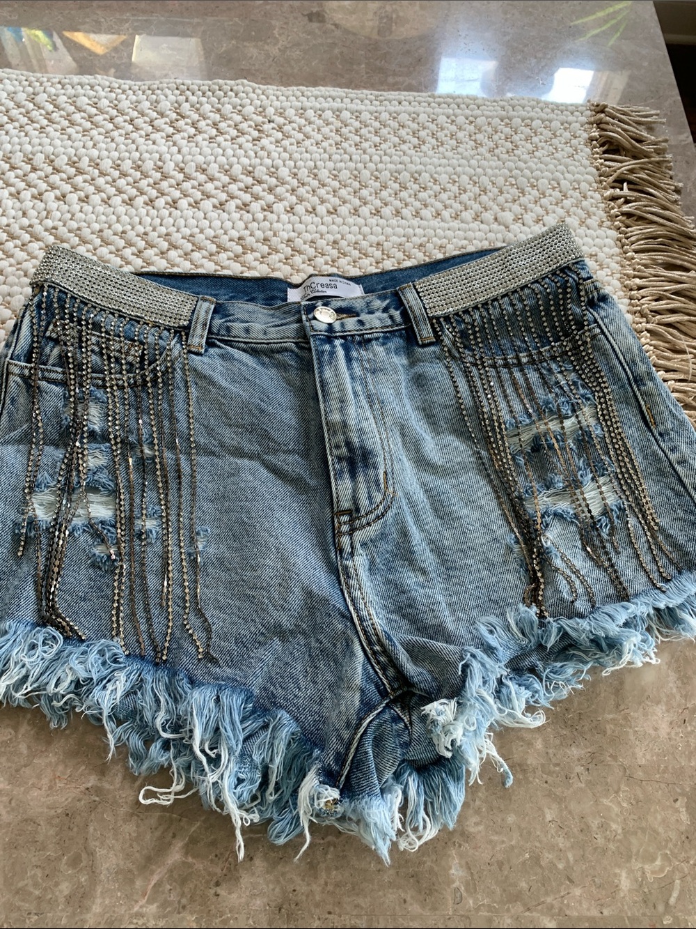 ThCreasa Light Blue Denim Cutoff Shorts with Rhinestone Fringe/waist XL